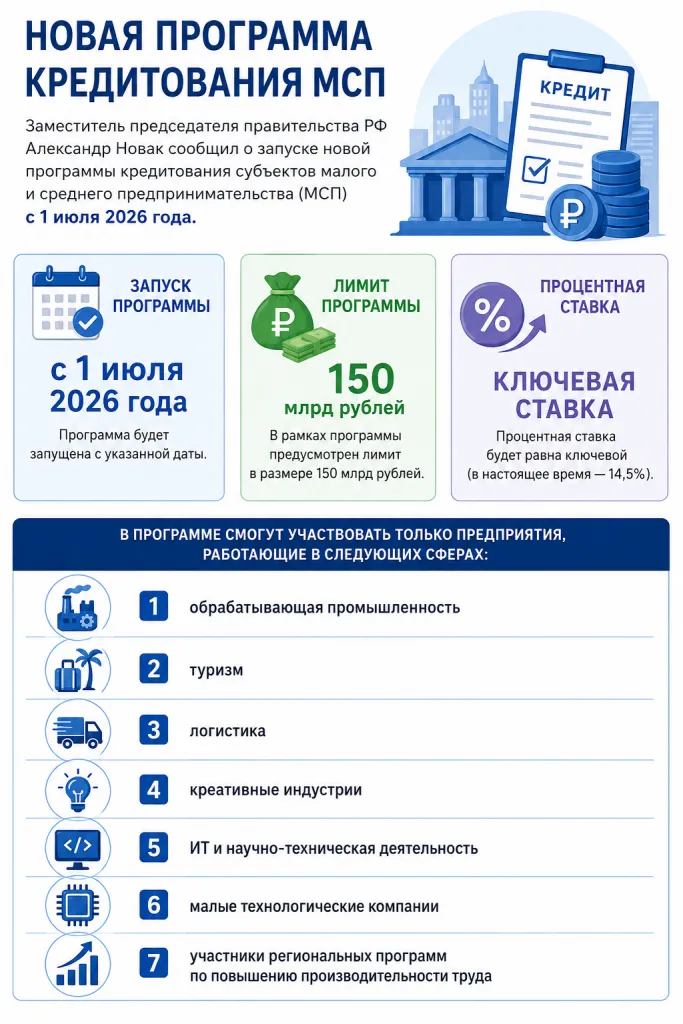 Программа льготного кредитования малого и среднего бизнеса в России Заместитель председателя правительства РФ Александр Новак сообщил о запуске новой программы кредитования субъектов малого и среднего предпринимательства (МСП) с 1 июля 2026 года.Программа будет запущена с указанной даты; в её рамках предусмотрен лимит в размере 150 млрд рублей, а процентная ставка будет равна ключевой (в настоящее время — 14,5%).